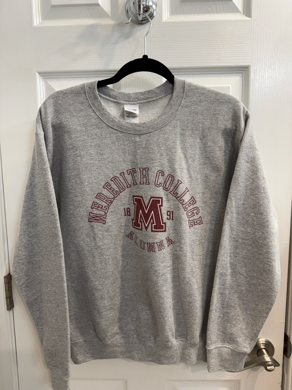 Gray Meredith College Alumni Sweatshirt with Maroon Print